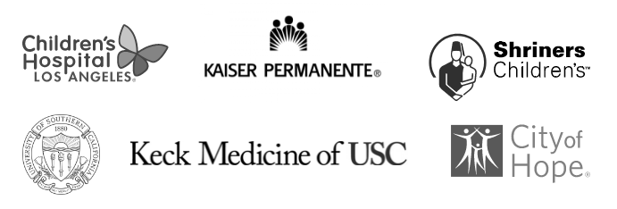 Hospital logos of Children's Hospital Los Angeles, Kaiser Permanente, Shriners Children's, Keck Medicine of USC, City of Hope