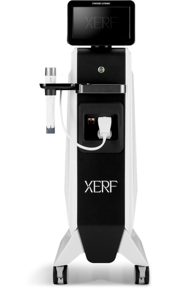 Front view of the Cynosure Lutronic XERF aesthetic treatment device featuring a touchscreen display, handpiece holder, connected cable, and wheeled base on a white background.