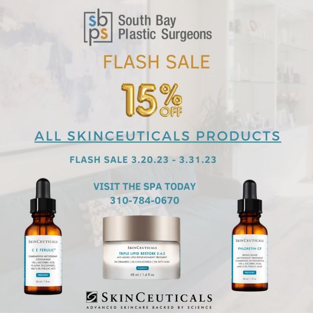 FLASH SALE! 🤩For the next 10 DAYS, through the end of March, we are offering 15% off all in-stock SKIN CEUTICALS products! (Can not be combined with any other discount.) ⁠
⁠
Stock up on some of your favorite essentials such as the CE Ferulic or the Triple Lipid!🧴 Quantities are limited - feel free to give us a call 📞at 310-784-0670 to prepay for products or have them shipped directly to your home. ⁠
⁠
Schedule a complimentary skin care assessment for product recommendations with one of our providers. ⁠
⁠
⁠
⁠
⁠
⁠
⁠
#skinceuticals #flashsale #skincare #southbay #torrance #medspa