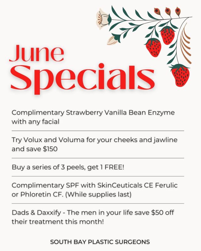 Unveil your summer ☀️ glow with our exclusive June specials 🍓 at The Spa at South Bay Plastic Surgeons!  Experience the transformative power of Daxxify, Volux, Voluma, and rejuvenating chemical peels. Receive a complimentary Strawberry 🍓 Vanilla Bean Enzyme added to any facial 🧖‍♀️or get a gift with purchase on skinceuticals antioxidants!⁠
⁠
Call us at 310-784-0670 to schedule your appointment! Pamper yourself and enhance your natural beauty this month. Limited time offers, book your appointment today! ⁠
⁠
#spaatsouthbayplasticsurgeons #sbps #southbayplasticsurgeons.