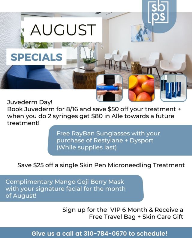 Revitalize and rejuvenate with our August specials at The Spa at South Bay Plastic Surgeons! Join us for Juvederm day on August 18th with special discounts and future savings. Purchase Restylane and Dysport and get a pair of RayBan sunglasses (while supplies last). Enhance your natural beauty and save $25 off a single Skin Pen Microneedling treatment. Pamper yourself with a complimentary Mango Goji Berry Mask added to any facial or sign up for the VIP 6 Month and get a gift with purchase!⁠
⁠
Call us at 310-784-0670 to schedule your appointment and take advantage of these offers!⁠
⁠
#southbayplasticssurgeons #sbps #spaspecials