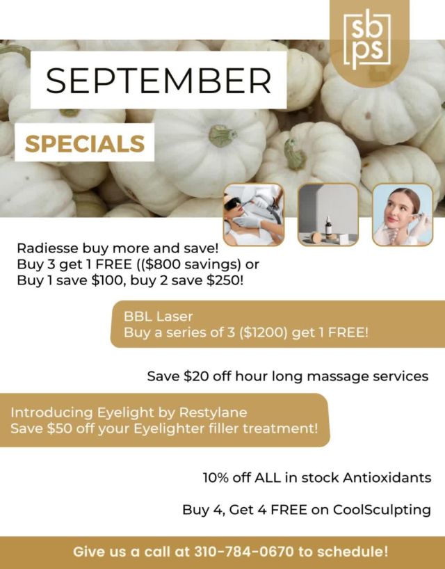 Fall into September with our exclusive specials!⁠
⁠
From rejuvenating and relaxing treatments to transformative procedures, The Spa at South Bay Plastic Surgeons has something for everyone! We are offering savings on Radiesse and Eyelight by Restylane, BBL laser, Coolsculpting, massage and antioxidant serums. ⁠
⁠
Don't miss this opportunity to seize the season and treat yourself!⁠
⁠
#spaspecials #sbps #southbayplasticsurgeons