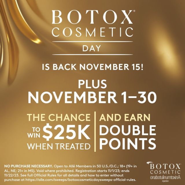 It's back like never before: Botox Cosmetic Day!⁠
⁠
Get ready for a month long celebration!⁠
⁠
BUY: Buy one $50 gift card, get one free. Only on November 15th⁠
⁠
EARN: Get treated November 1-30 to earn double points⁠
⁠
WIN: Get treated November 1-30 for your chance to be 1 of 5 winners to win $25,000⁠
⁠
Click the link in bio or call us at 310-784-0670 to schedule today!⁠
⁠
#southbayplasticsurgeons #sbps #botoxday⁠
⁠