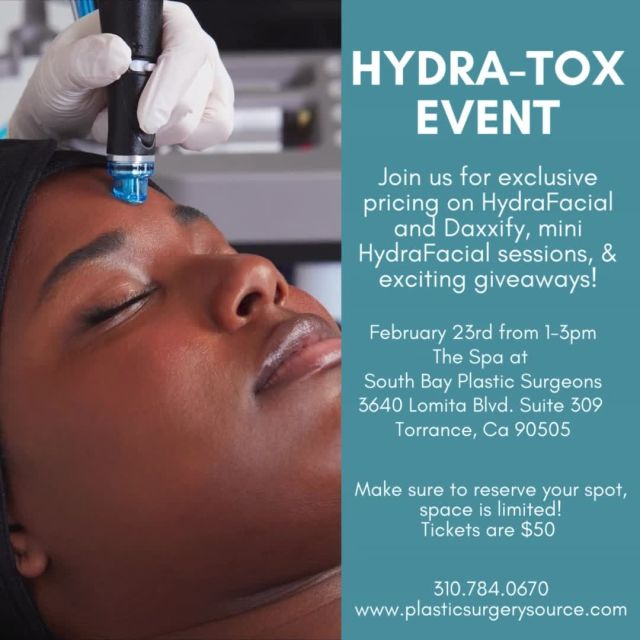 Get Radiant & Win Big at Our Hydra-Tox Event!⁠
⁠
Mark your calendars for February 23rd, because we're hosting an event you won't want to miss! ✨⁠
⁠
From 1-3 PM, join us at The Spa at South Bay Plastic Surgeons for an afternoon of beauty, fun, and savings.⁠
⁠
Here's what you can look forward to:⁠
⁠
Mini HydraFacial: This gentle yet effective treatment will cleanse, exfoliate, and hydrate your skin, leaving it looking and feeling refreshed⁠
⁠
$100 off DAXXIFY Treatment: DAXXIFY is a revolutionary new injectable that temporarily relaxes frown lines for up to 4 months. Minimum of 30 units⁠
⁠
Raffle Prizes: Enter to win amazing raffle prizes like free HydraFacials, DAXXIFY treatments, and RHA filler!⁠
⁠
Food & Beverages: Enjoy delicious snacks and drinks while you mingle with other guests⁠
⁠
Goodie Bags: Take home a swag bag filled with products to keep your skin glowing⁠
⁠
Tickets are $50. RSVP by calling 310-784-0670! Space is limited, so don't wait to book your spot.⁠
⁠
#southbayplasticsurgeons #sbps #medspaevent