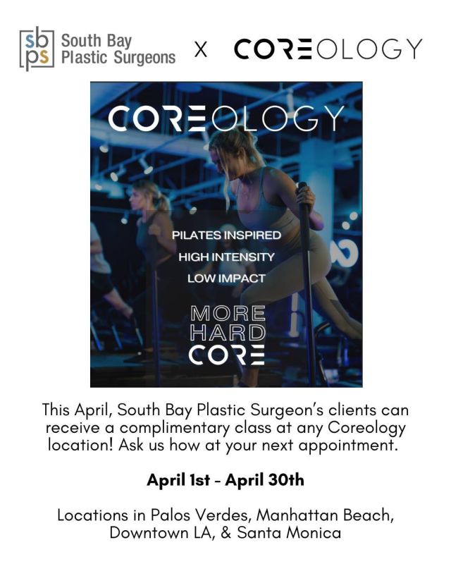 Let's get physical with Coreology and South Bay Plastic Surgeons!⁠
⁠
This April, our patients can receive a complimentary Coreology class at any location!⁠
⁠
Coreology is a revolutionary fitness method that combines high intensity with low impact to strengthen and sculpt your entire body. It is the perfect compliment to any aesthetic result!⁠
⁠
Click the link in bio or contact us at 310-784-0670 to redeem your free class! Move with confidence!⁠
⁠
#southbayplasticsurgeons #sbps #coreology