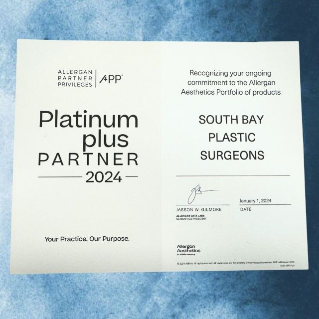 As the premier plastic surgery practice and medspa in the South Bay, we are proud to announce that we have been awarded Platinum Plus status by @allerganaesthetics!⁠
⁠
Allergan awards this status based on a provider's compliance with training, education, and volume of treatments performed. It is only held by practices with the highest degree of expertise and designates the top 7% of providers in the nation!⁠
⁠
What does this mean for you?⁠
⁠
Expanded Treatment Options: We offer a wider range of Allergan products, including BOTOX® Cosmetic, Juvéderm® dermal fillers, and Kybella® for fat reduction.⁠
Advanced Techniques: Our providers are trained in the latest Allergan injection techniques to ensure optimal results.⁠
Safety & Satisfaction: We prioritize patient safety and satisfaction, using only genuine Allergan products.⁠
Considering an Allergan treatment? ⁠
⁠
Experience matters when choosing a provider! Click the link in bio or call us at 310-784-0670 to schedule a treatment today!⁠
⁠
#southbayplasticsurgeons #sbps #platinumplusstatus